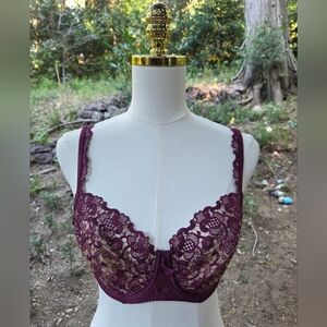 Harlequin Lingerie Maroon And Beige Lace Bra Size 34E